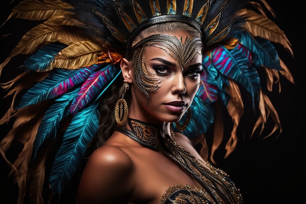 Una giovane donna brasiliana è elegantemente vestita per il Carnevale adornata con piume e trucco colorato. Guarda in modo affascinante la fotocamera in questo splendido ritratto in primo piano generato da Ai