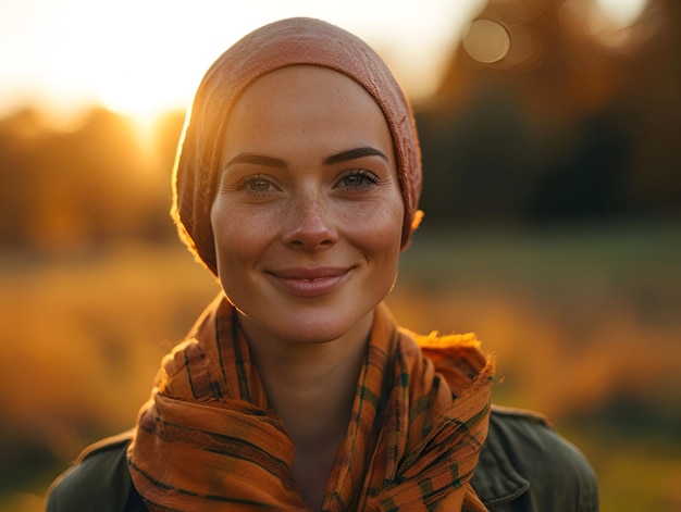 Una giovane donna calva con un velo sorride nella natura alla luce del sole combattendo il cancro