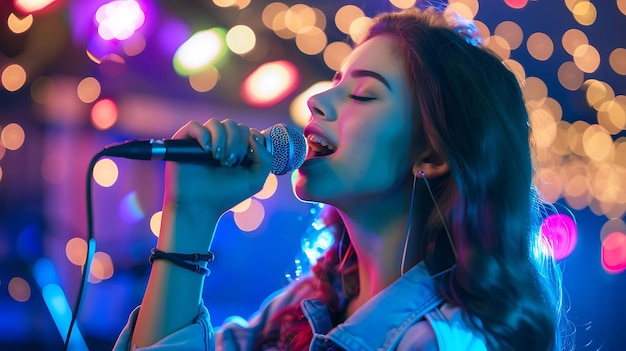 Una giovane donna canta in un microfono con gli occhi chiusi è circondata da luci colorate indossa una giacca di jeans blu