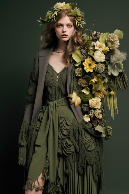 Una giovane donna caucasica con lunghi capelli castano chiaro in un abito verde con ornamenti floreali costituiti da fiori e foglie gialli e verdi Formato verticale
