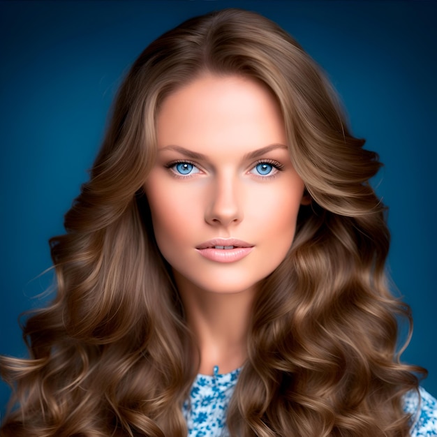Una giovane donna caucasica dai capelli castani e con gli occhi blu su uno sfondo marrone