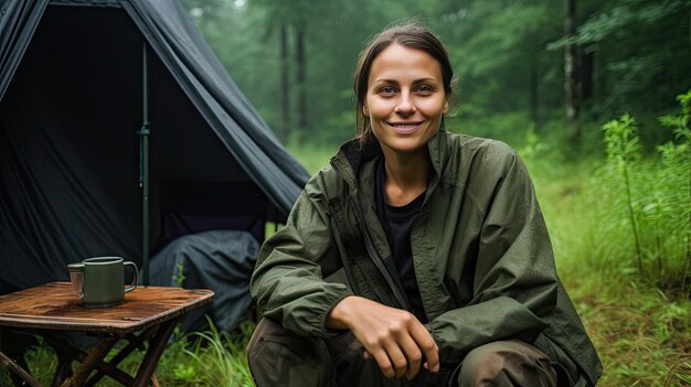 Una giovane donna caucasica si gode una tazza mattutina vicino alla sua tenda da sola con la natura