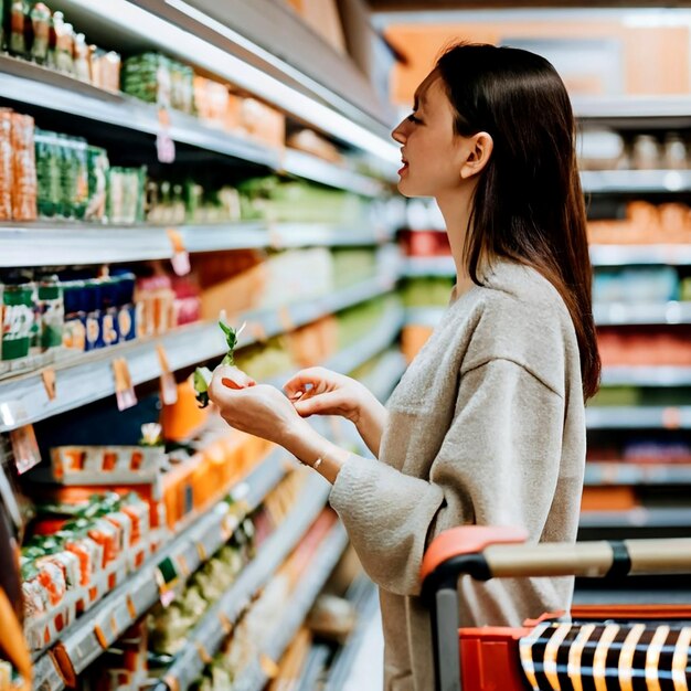 Una giovane donna che compra in un supermercato AI_Generated