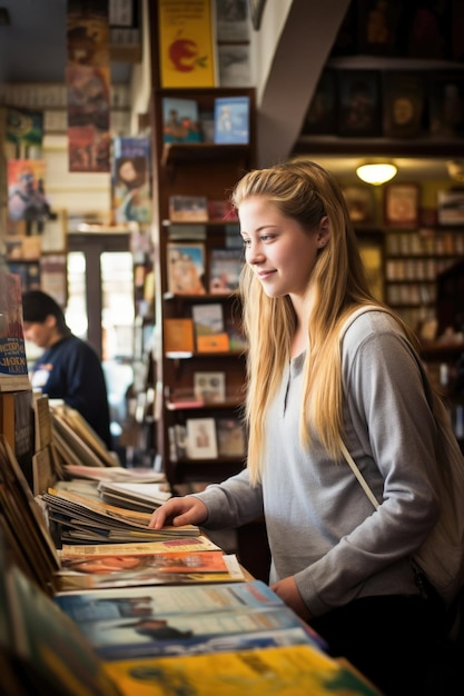 Una giovane donna che fa un acquisto nella sua libreria locale creata con l'IA generativa