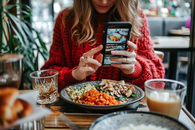 Una giovane donna che fa una recensione del cibo con il suo telefono