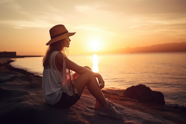 Una giovane donna che gode del tramonto che si siede vicino al mare