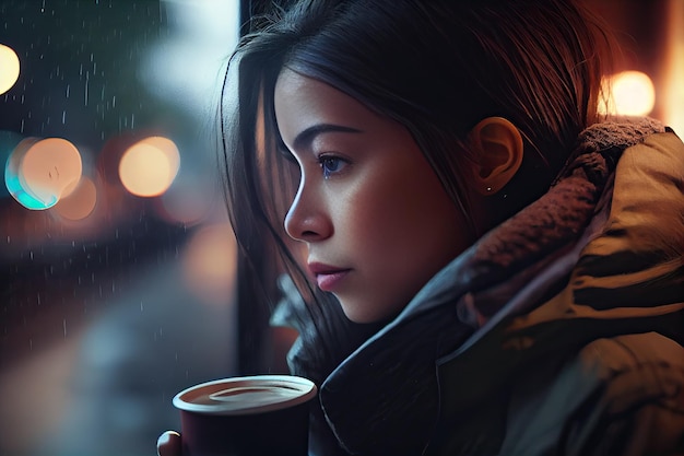Una giovane donna che guarda fuori da una finestra con una tazza