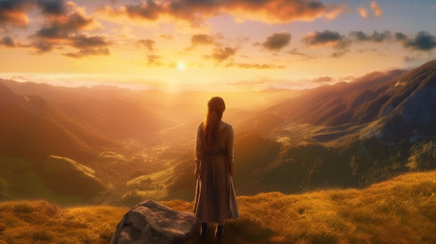 Una giovane donna che guarda il tramonto dalla cima della montagna IA generativa