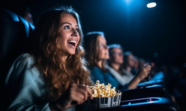 Una giovane donna che guarda un film in un cinema con popcorn e un'espressione stupita