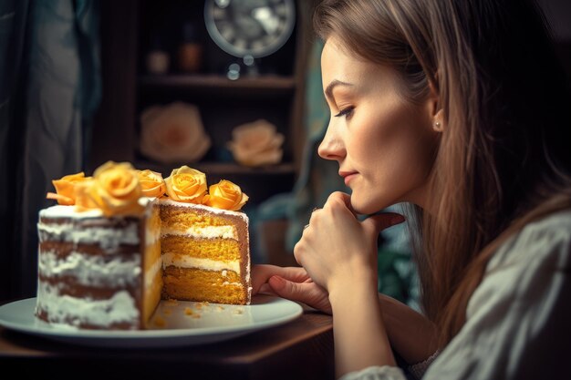Una giovane donna che guarda una deliziosa fetta di torta creata con l'IA generativa