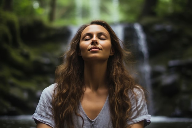 Una giovane donna che indossa abiti casuali si gode di una cascata naturale nella foresta la donna chiude gli occhi si sente rilassata e fa un respiro profondo nell'aria fresca
