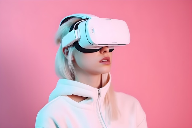 Una giovane donna che indossa le cuffie da realtà virtuale su sfondo pastello luminoso