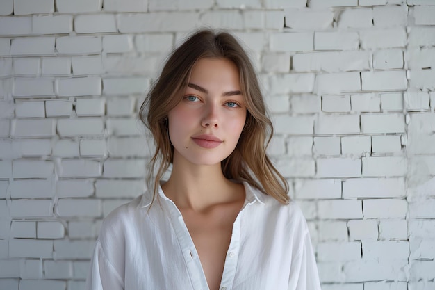 Una giovane donna che indossa una camicia bianca e uno sfondo bianco muro di mattoni