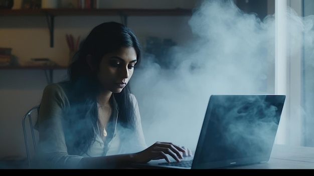 Una giovane donna che lavora al suo computer portatile in una stanza nebbiosa