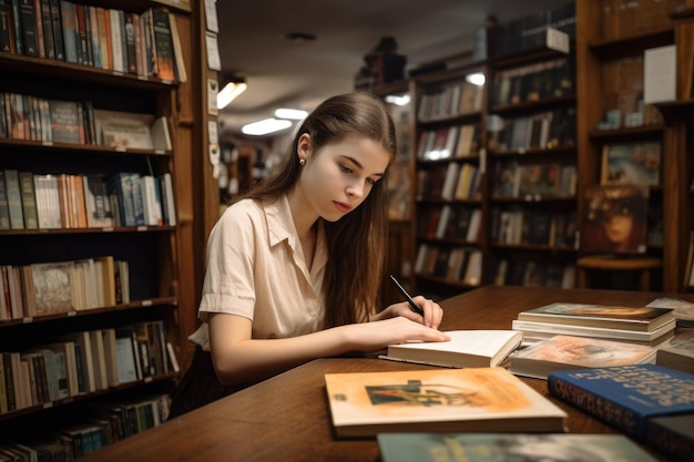 Una giovane donna che lavora in una libreria creata con l'AI generativa