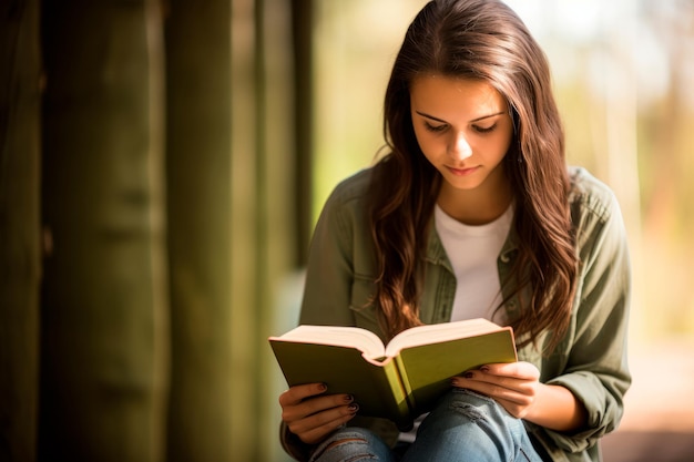 Una giovane donna che legge un libro acquisisce nuove conoscenze e competenze concetto AI generativo