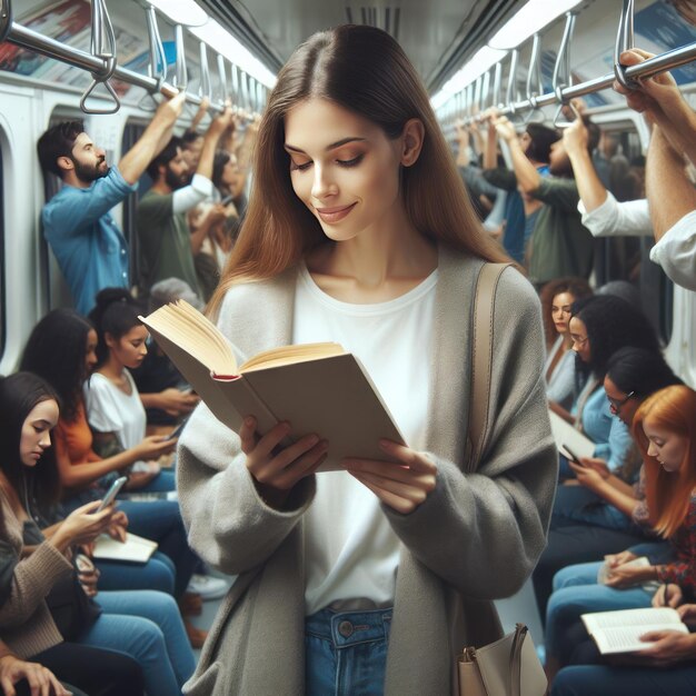 Una giovane donna che legge un libro in un vagone della metropolitana