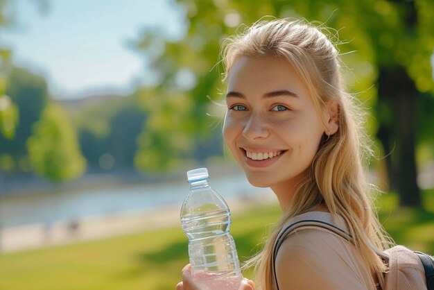 Una giovane donna che ride beve acqua da una bottiglia sullo sfondo di un parco e di un fiume