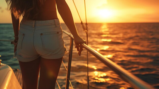 Una giovane donna che si gode il tramonto a bordo di uno yacht privato