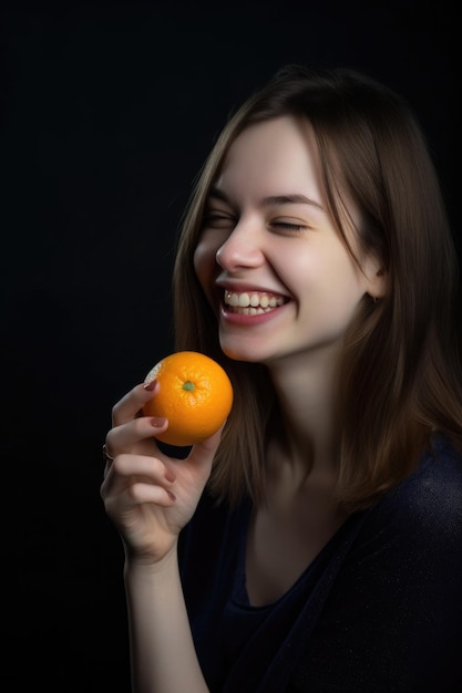 Una giovane donna che si gode un'arancia nello studio creato con l'IA generativa