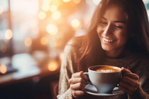 Una giovane donna che si gode una tazza di caffè in un caffè alla moda IA generativa