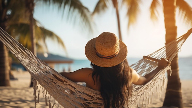 Una giovane donna che si rilassa su un'amaca sulla spiaggia con vista al tramonto IA generativa