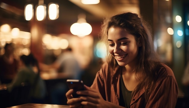 Una giovane donna che sorride mandando SMS sullo smartphone in una caffetteria generata dall'intelligenza artificiale