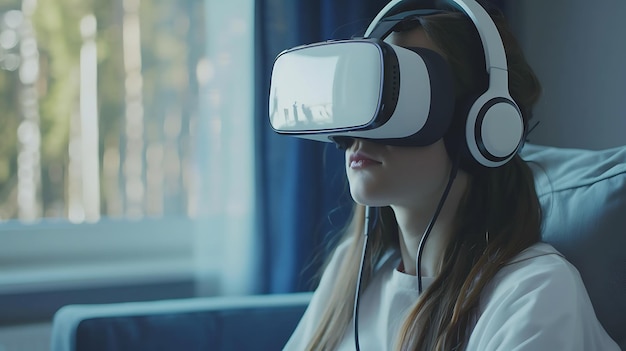 Una giovane donna che usa un auricolare di realtà virtuale a casa è seduta su un divano e ha un'espressione di eccitazione sul suo viso