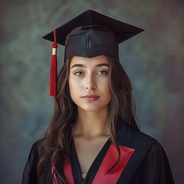 Una giovane donna con abito da laurea e cappello