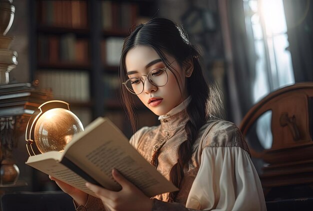 una giovane donna con gli occhiali sta leggendo un libro nello stile dell'ideologia confuciana