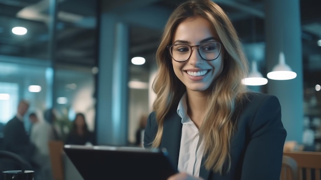 Una giovane donna con gli occhiali sta usando una tavoletta digitale in un business center.