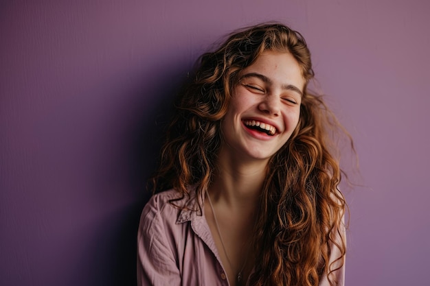 Una giovane donna con i capelli lunghi e ricci sta ridendo.