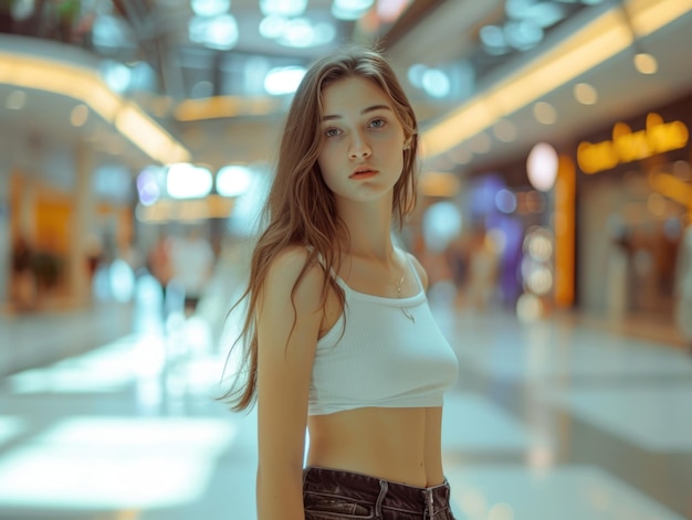 Una giovane donna con i capelli lunghi in pantaloncini corti sullo sfondo di un centro commerciale AI generativo