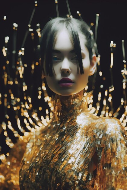 Una giovane donna con i capelli neri che indossa uno splendido vestito dorato e argento