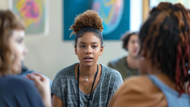 Una giovane donna con i capelli ricci sta parlando con un gruppo di persone sta guardando la persona con cui sta parlando e sorride