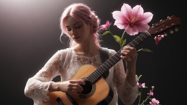 Una giovane donna con i capelli rosa che suona la chitarra tra i fiori in fiore in un ambiente interno sereno