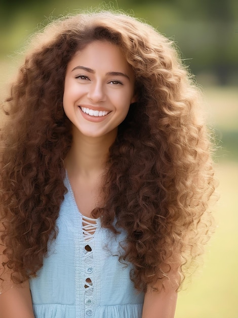 Una giovane donna con i lunghi capelli castani ricci sorridendo all'aperto