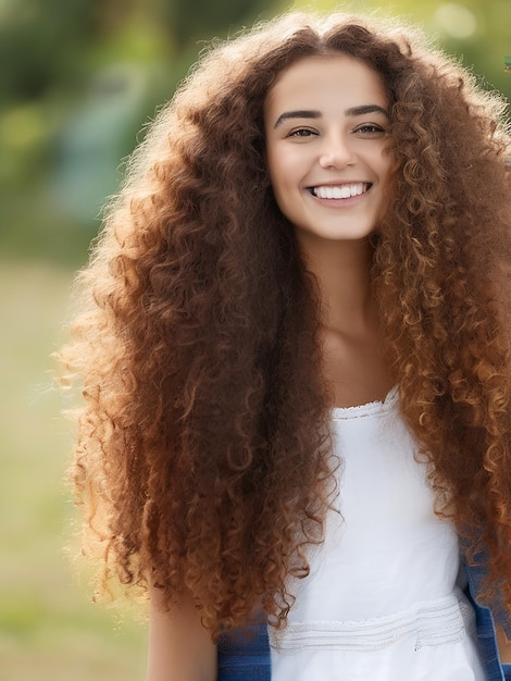 Una giovane donna con i lunghi capelli castani ricci sorridendo all'aperto
