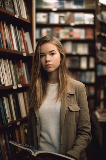 Una giovane donna con in mano un libro mentre si trova in una libreria creata con l'IA generativa