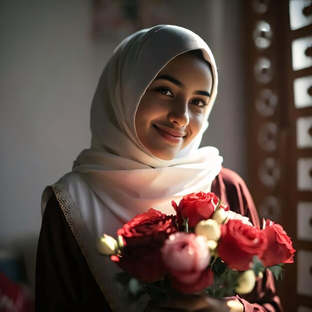 Una giovane donna con la testa coperta che tiene un bouquet di rose per la Giornata Mondiale della Donna