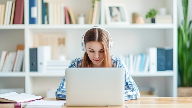 Una giovane donna con le cuffie si concentra attentamente sullo schermo del suo portatile in un pulito ufficio a casa con un quaderno aperto accanto a lei