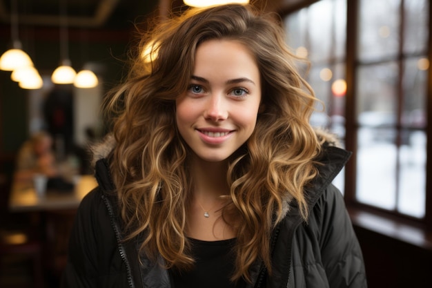 una giovane donna con lunghi capelli ondulati in un ristorante