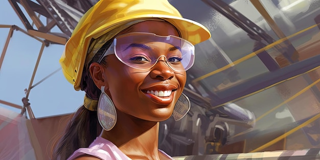 una giovane donna con un cappello rigido al sole sta sorridendo di fronte a un impianto di pannelli solari