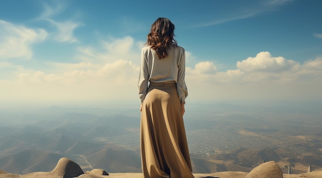Una giovane donna con un lungo vestito beige si trova in cima a una montagna e guarda in lontananza