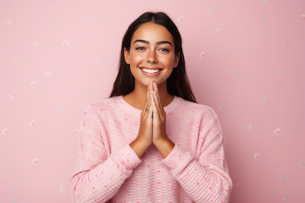 Una giovane donna con un maglione rosa sorride e tiene le mani unite