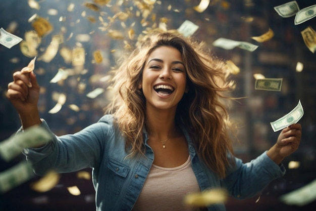 Una giovane donna con un sorriso radioso circondata da una raffica di banconote che celebra la sua vittoria alla lotteria