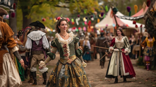 Una giovane donna con un vestito verde e oro sorride mentre cammina attraverso una fiera medievale