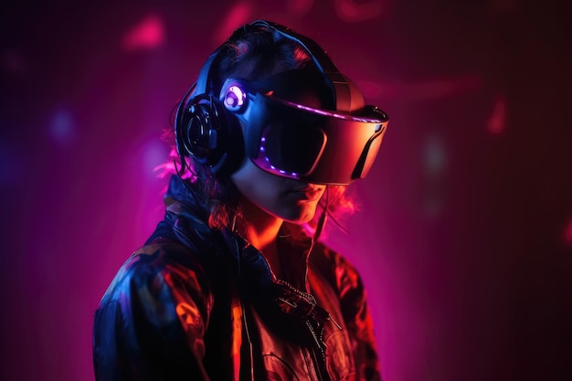 Una giovane donna con un vrhelmet in testa osserva lo spazio della realtà virtuale su un buio bg