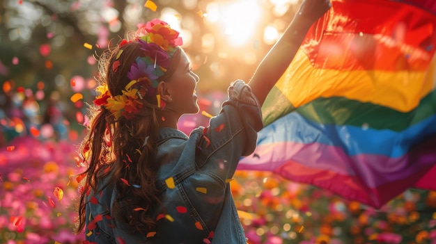 Una giovane donna con una bandiera arcobaleno partecipa al festival della comunità LGBT