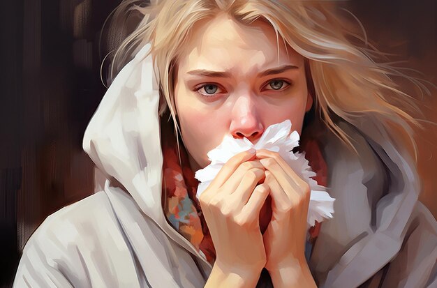 Una giovane donna con una felpa con cappuccio che tiene un fazzoletto con macchie di lacrime e arrossamento sul viso come se stesse piangendo o avesse un raffreddore